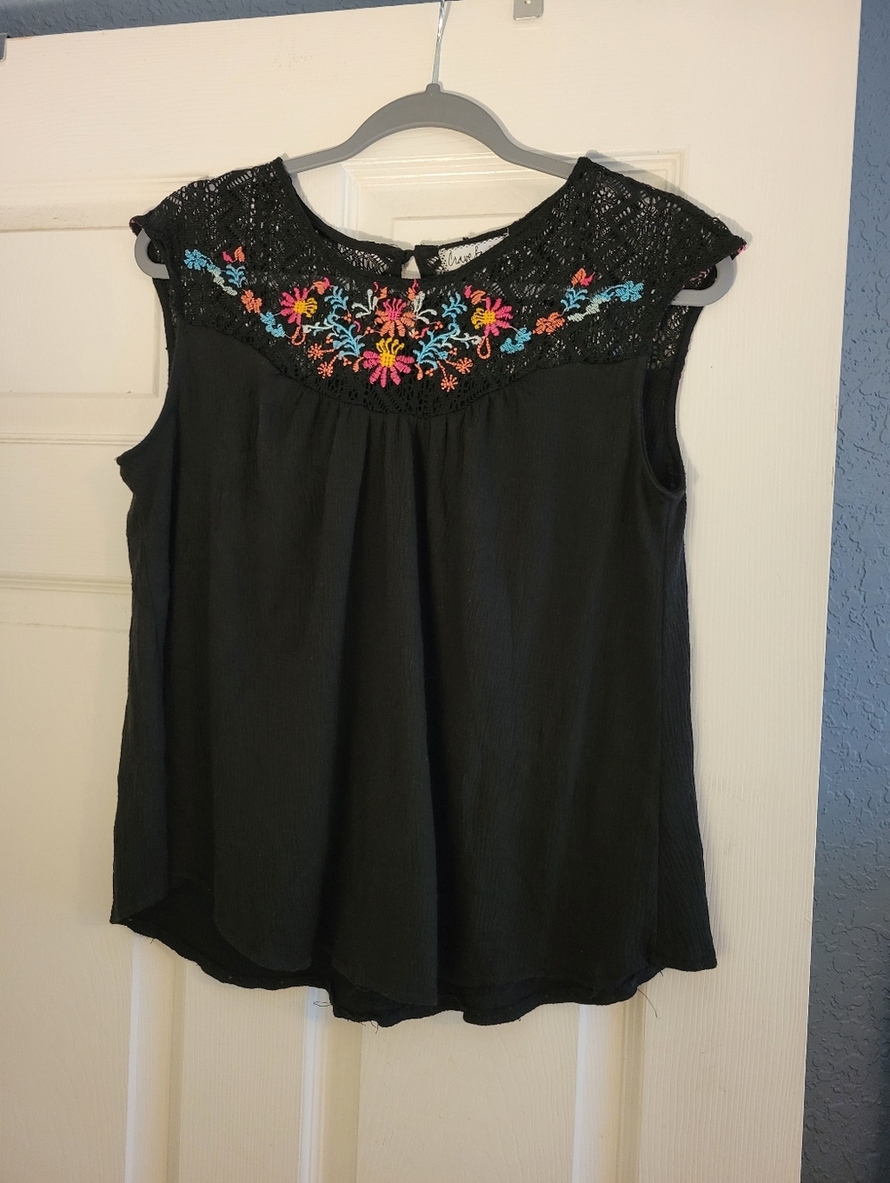 Crave Fame Black Gauze with Embroidered Lace Top Size L Women's Peasant Blouse